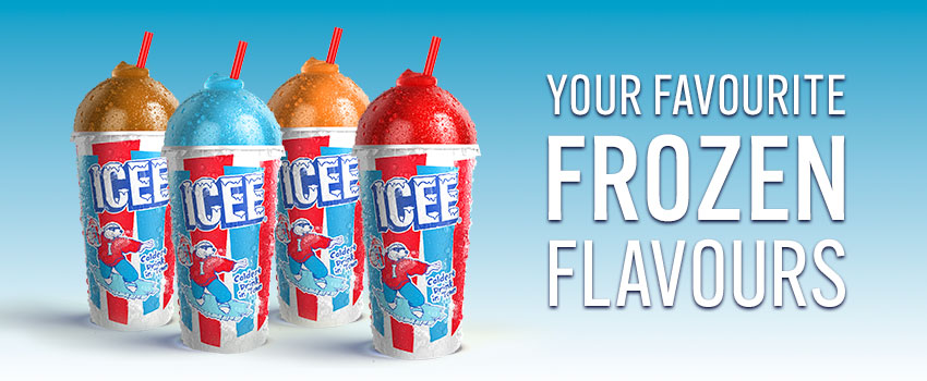 Four ICEE beverages displayed beside the text "Your favourite frozen flavours"